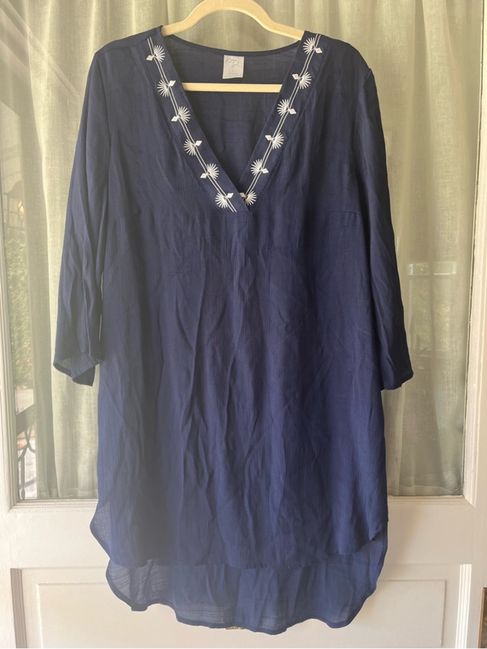 Kona Sol Sz L Navy Embroidered V-Neck Tunic Swim Cover-up
